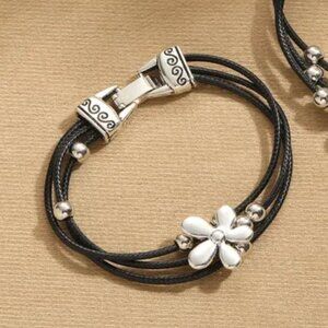 3/$35 Silver Flower Pendant Charm Layered Bracelet Ball Black Rope Cord Jewelry